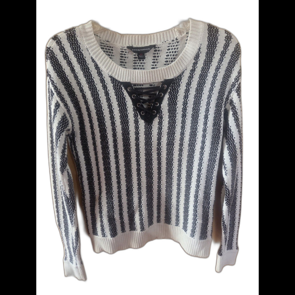 Rock & Republic Women's Striped Knit Sweater Lace-Up Grommet V-Neck XS